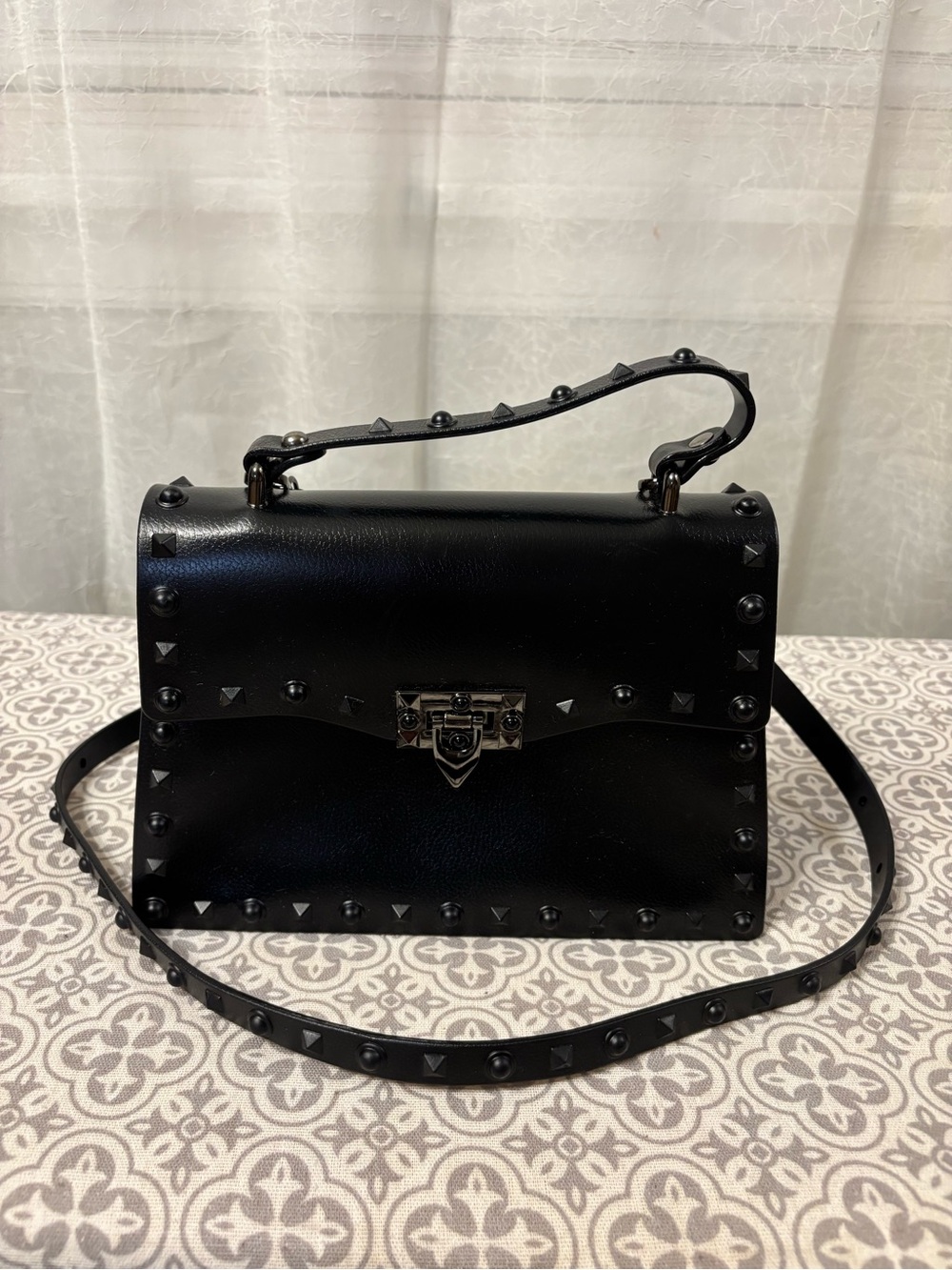 Black Studded Faux Leather Top-Handle Crossbody Bag